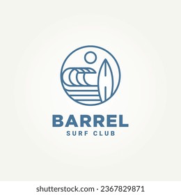 barrel wave club de surf minimalista línea de arte plantilla de diseño de ilustración vectorial. surfista moderno simple, deportes acuáticos, concepto de logotipo de surf