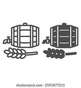 Barrel with wheat beverage line and solid icon, wheat production concept. Vector graphics. Wooden barrel with wheat plant sign on white background, outline style icon for mobile or web design