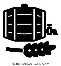 Barrel with wheat beverage solid icon, wheat production concept. Vector graphics. Wooden barrel with wheat plant sign on white background, glyph style mobile or design