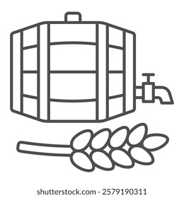 Barrel with wheat beverage thin line icon, wheat production concept. Vector graphics. Wooden barrel with wheat plant sign on white background, outline style icon for mobile or web design