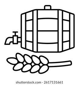 Barrel with wheat beverage thin line icon, wheat production concept. Vector graphics. Wooden barrel with wheat, brewery sign on white background, linear style for mobile or design
