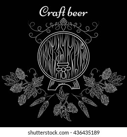 Barrel with wheat ears and hop. 