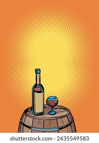 A barrel of wine with a bottle and a glass on it. Unique offers for clients of bars and tourist places. Alcoholic drinks with incredible taste. Comic cartoon pop art retro vector illustration hand