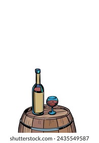 A barrel of wine with a bottle and a glass on it. Unique offers for clients of bars and tourist places. Alcoholic drinks with incredible taste. Comic cartoon pop art retro vector illustration hand