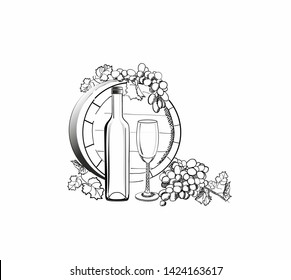 Barrel with wine, glass and bottle. Still life with grapes and wine.