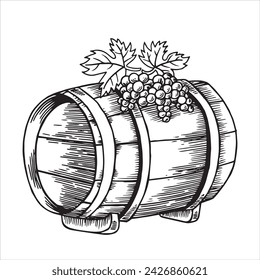 barrel with wine and grapes. black and white drawing in sketch style, engraving. winemaking