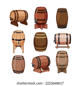 barrel wine set cartoon. cellar oak, wood wooden, old winery, cask alcohol, vintage barrel wine vector illustration