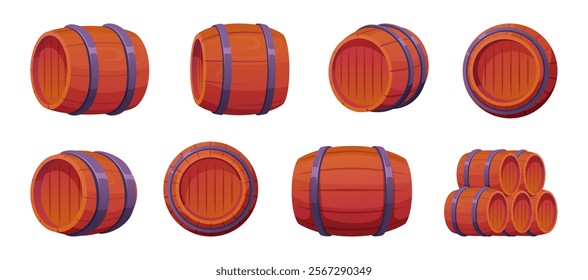 Barrel. Wooden containers for wine water or honey storage exact vector wooden wine barrel different viewpoints illustrations in cartoon style