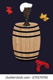 Barrel wooden, a glass of beer with foam, lobster, autumn leaves - art abstract creative abstract vector illustration.