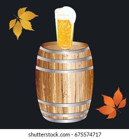 Barrel wooden and a glass of beer with foam, autumn leaves - realistic - art creative abstract vector illustration.
