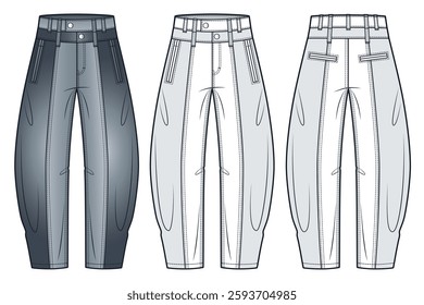 Barrel-Leg Denim Pants technical fashion illustration. Curved Leg Jeans fashion flat technical drawing template, pockets, front and back view, white, grey, women, men, unisex CAD mockup set.