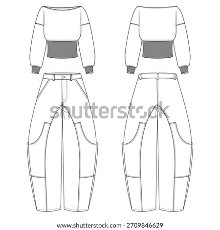Barrel-Leg Pants and Off-Shoulder Sweatshirt — Technical Flat Sketches, Double-Needle Stitch Lines and Complete CAD Drawing Template (Denim Flats)
