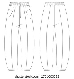 Pantalones planos técnicos de pierna de barril: diseño unisex de gran tamaño con líneas de corte y costura y acabado de puntada frontal, juego completo de dibujo CAD