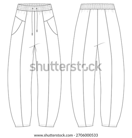 Barrel-Leg Trousers Technical Flat — Oversized Unisex Design Featuring Cut and Sew Lines and Front Topstitch Finish, Complete CAD Drawing Set
