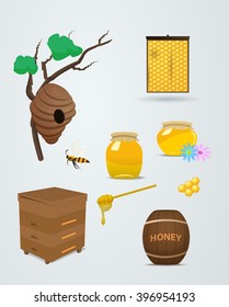 Barrels and bank of honey in vector set for apiary. The bee flies with a spoonful of honey in the hive. Branch with a beehive, honeycomb and honey in vector illustration.