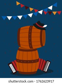 
Barrels of Beer with Accordion and traditional bavarian Hat.  Oktoberfest beer festival.  Garland with triangle celebration flags. Vector illustration.
