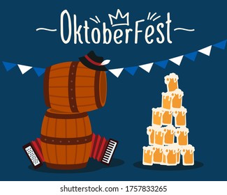 Barrels of beer with a traditional Bavarian hat and accordion. Beer glasses in a pyramid. Garland with triangle celebration flags. Oktoberfest logo. Oktoberfest beer festival. Vector illustration