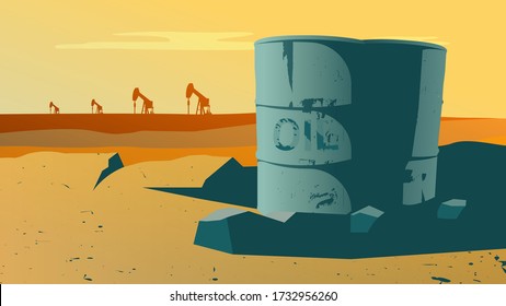 Barrels Of Crude Oil In The Desert. Detailed Pump Jacks / Oil Wells In Background. Petrol, Oilfield, Industry, Prices Per Barrel Concept. Warm orange atmosphere. Editable Flat Vector Illustration