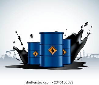 Barriles con petróleo crudo al fondo de salpicaduras de petróleo en bombas de petróleo. Ilustración del vector