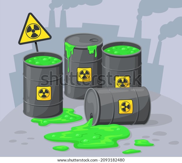 Barrels hazard liquid. Radioactive
contamination of industrial waste, hazardous chemical materials,
toxic environmental pollution, barrel danger substance vector.
Illustration of radioactive
pollution