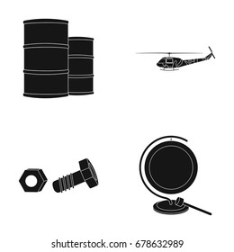 Barrels, helicopter and other web icon in black style. bolt with nut, gong icons in set collection.