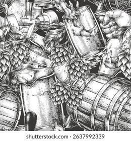 Barrels and hops surround skilled hands pouring fresh beer into a glass. The atmosphere hints at a vibrant brewery experience dedicated to crafting unique flavors.