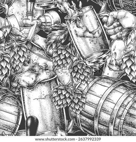 Barrels and hops surround skilled hands pouring fresh beer into a glass. The atmosphere hints at a vibrant brewery experience dedicated to crafting unique flavors.