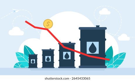 Barris de petróleo no contexto de um gráfico financeiro em declínio. Gráfico de queda de preço do barril de petróleo. Gráfico de aumentos de preço e tambor de óleo. Crise da indústria petrolífera ou conceito de aumento dos preços. Ilustração vetorial