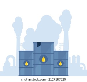 Barrels with oil drop icon and highly polluting factory plant with smoking towers and pipes on background. Barrel with waste. Ecology, environmental pollution. Vector illustration