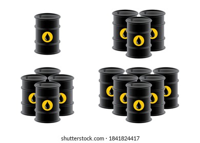 Barrels of oil graphic icons set. Petroleum barrels signs isolated on white background. Vector illustration