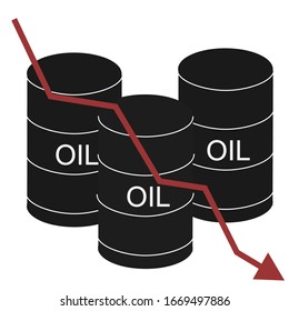 Barrels of oil with red falling arrow of the economic chart. Financial world crisis and global oil trade concept. Down of oil price, market decline, economy is in shock. Vector illustration.