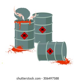 Barrels of Red acid. Hazardous chemical waste. Vector illustration containers with toxic liquid
