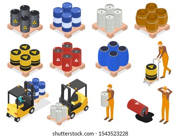 Barrels Sign 3d Icon Set Isometric View Include of Fuel, Man and Car. Vector illustration of Icons