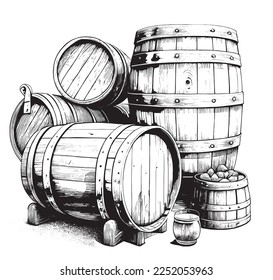 Barriles para guardar el vino alcohólico o la cerveza dibujados a mano dibujo grabado dibujo grabado a mano Dibujo vectorial ilustración.