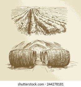 barrels, vineyard, harvest, farm - hand drawn collection