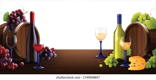 Barrels of wine on table composition with realistic images of wooden casks glass bottles and grapes vector illustration