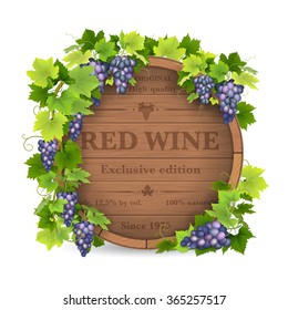 Barrels for wine and vine with grapes.