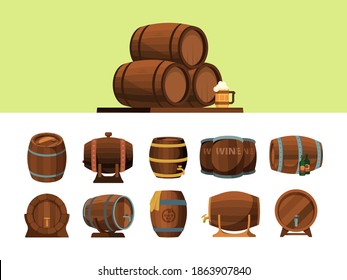 Barrels. Wooden cartoon barrel for alcohol production packages for wine an beer vector pirate symbols