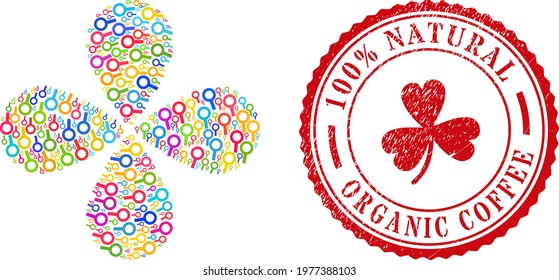 Barren gender symbol colorful explosion flower with 4 petals, and red round 100 percent NATURAL ORGANIC COFFEE dirty stamp seal. Barren gender symbol inside round stamp imitation.