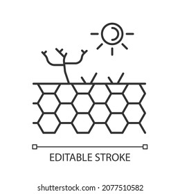 Barren land linear icon. Infertile soil. Drought and hot climate zone. Dry bare ground. Thin line customizable illustration. Contour symbol. Vector isolated outline drawing. Editable stroke