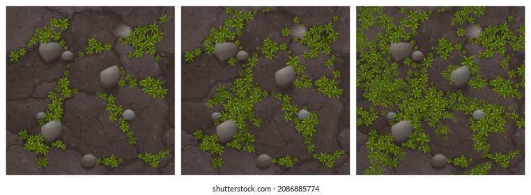 Barren land texture with green plants grow on cracked dry soil with stones top view. Texture for game, abstract background, environment ground tile with gray boulders, Realistic 3d vector illustration