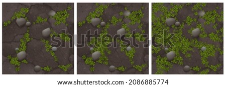 Barren land texture with green plants grow on cracked dry soil with stones top view. Texture for game, abstract background, environment ground tile with gray boulders, Realistic 3d vector illustration