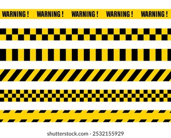 Barricade construction tape. Vector illustration isolated on white background. Warning tape stripe set. Police border yellow and black collection stripes.