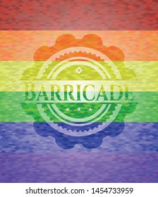 Barricade emblem on mosaic background with the colors of the LGBT flag