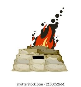 Barricade on fire. Flames in sandbag fortification. Modern warfare. War and assault. Destruction and annihilation. Cartoon illustration