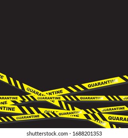 Barricade quarantine warning tape in yellow and black color. Black color background.
