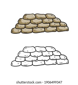 Barricade of sandbags. Fortified point. Defense construction. Modern warfare. Outpost and barrier. Set of cartoon illustration. Wall of the bag
