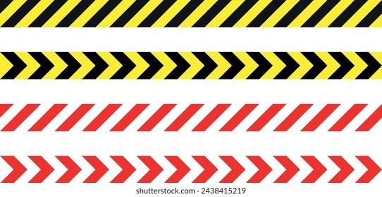 Bandas de advertencia de advertencia de cinta de barricada - conjunto de cinta rayada diagonal roja, blanca y negra, ilustración vectorial inconsútil repetible
