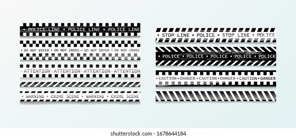 Barricade tape, Do not cross, police, crime danger line, bright yellow official crime scene barrier tape. Black and white stripes. Vector flat style realistic illustration isolated on white background