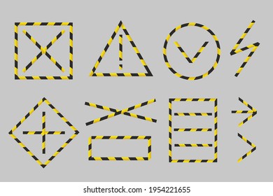 Barricade tape set isolated on white. Direction and navigation signs. Duct tape collection. Frames, banners and icons. Vector design.